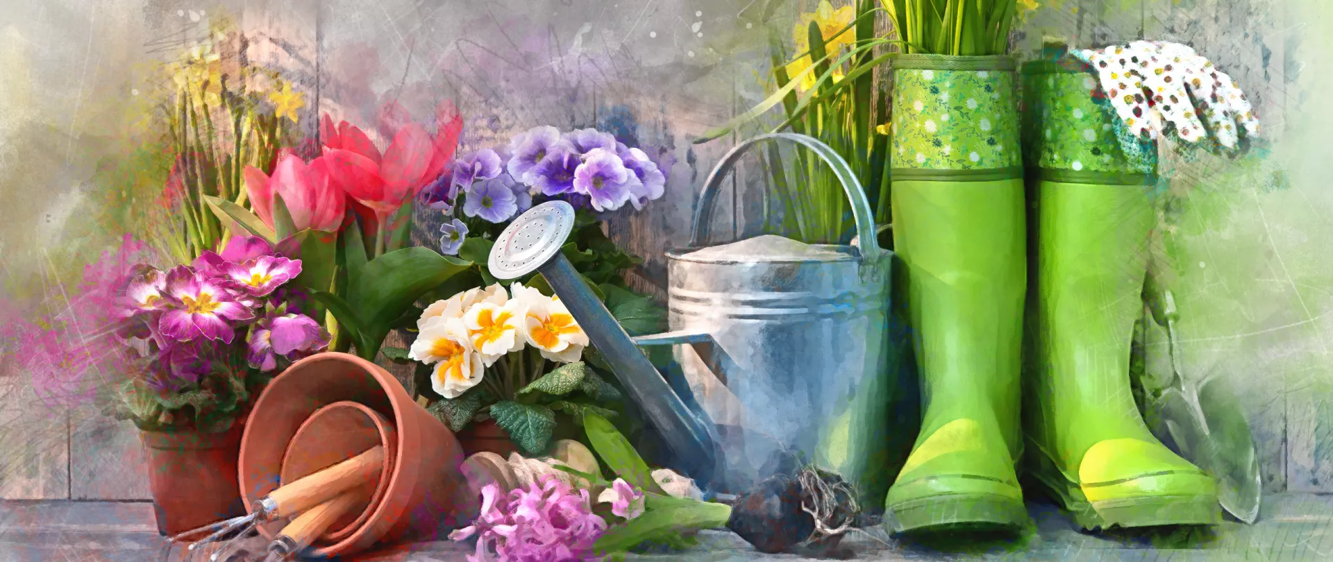 Gummistiefel, Frühlingsblumen und Gartenwerkzeug