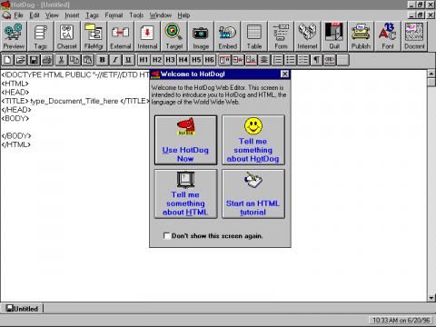 Startbildschirm des Hotdog HTML-Editors 1997