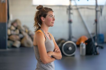Frau steht vor Übungsgeräten Physiotherapie Huber