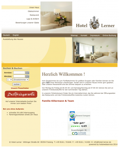 Screenshot der Hotel-Website 2014 zu Projektbeginn