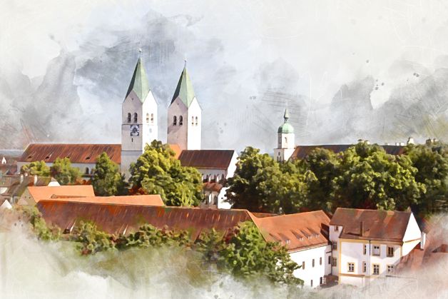 Blick über die Freisinger Altstadt auf den Domberg
