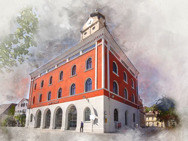 Die zentral gelegene Schrannenhalle in Erding, jetzt Niederlassung der Sparkasse Die Schrannenhalle in Erding