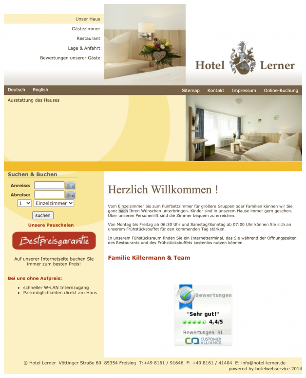 Screenshot der Hotel-Website 2014 zu Projektbeginn