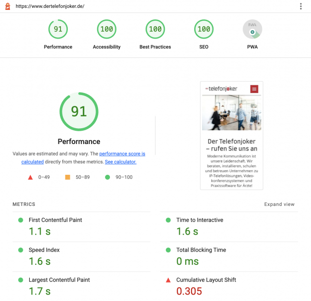 Google Web Core Vitals für den Telefonjoker
