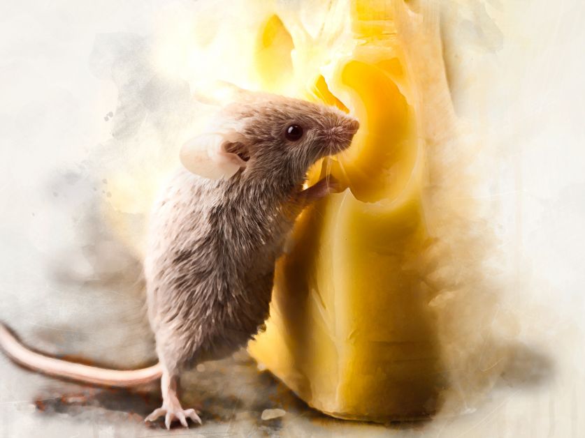 Süße SEO-Maus knabbert an riesigem Käse