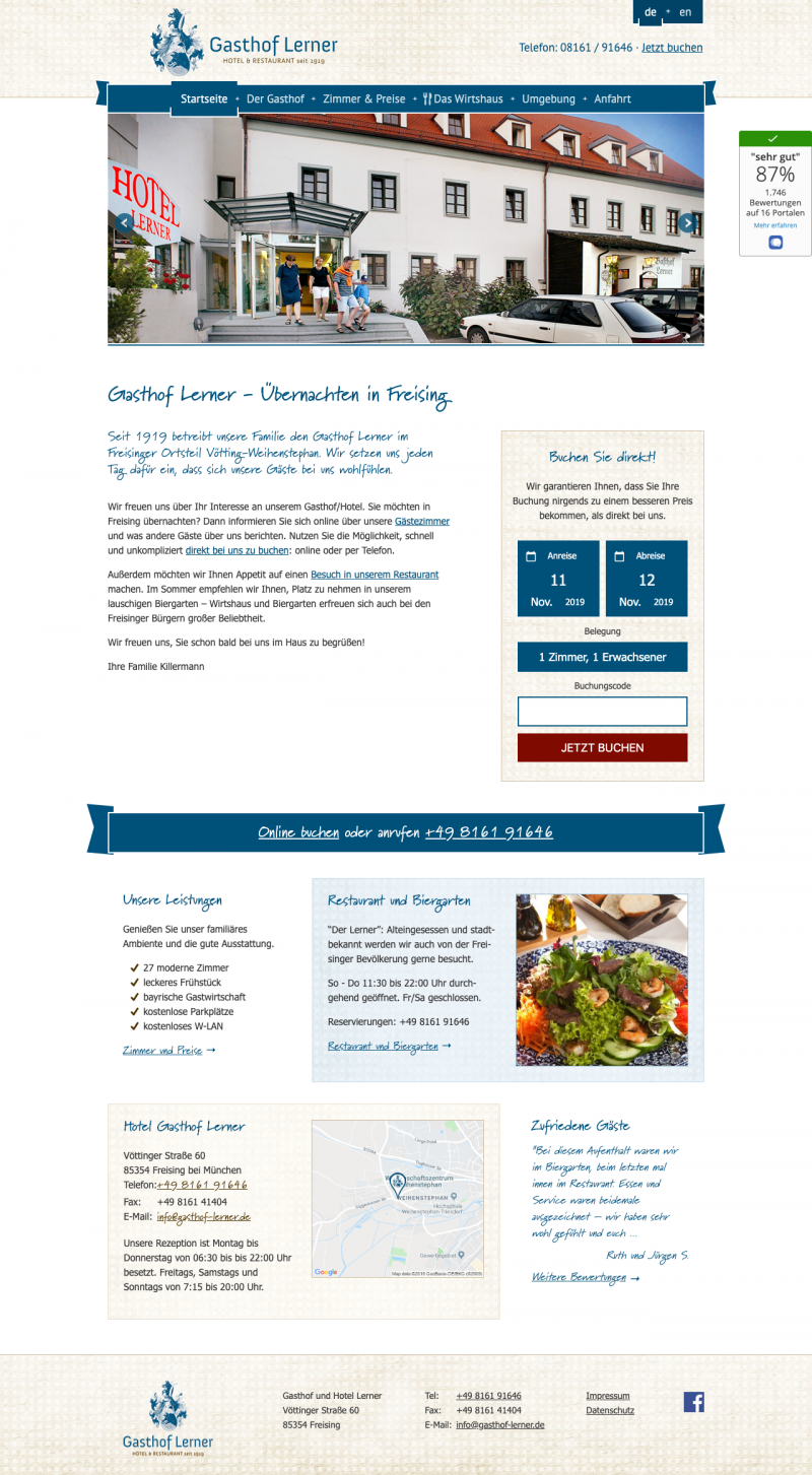 Screenshot Homepage des Hotels/Gasthofs Lerner