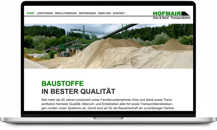 Homepage Hofmair Kies auf Laptop